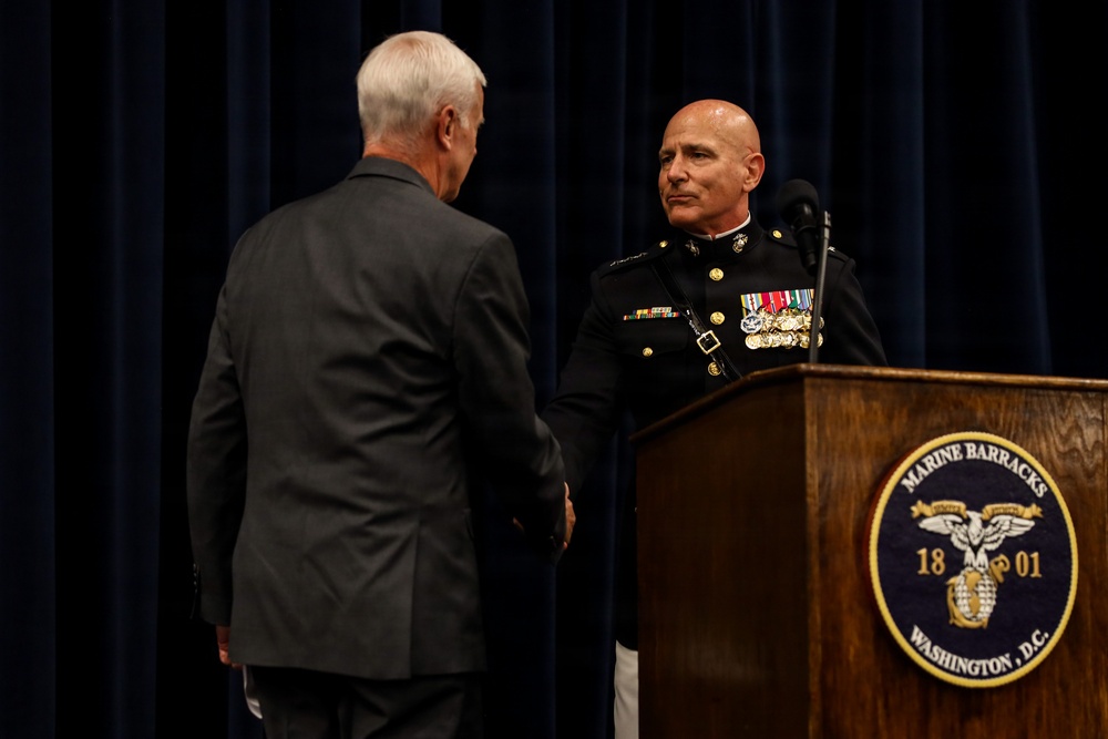 Lt. Gen. Matos hosts U.S. Rep Steve Womack at an indoor Evening Parade