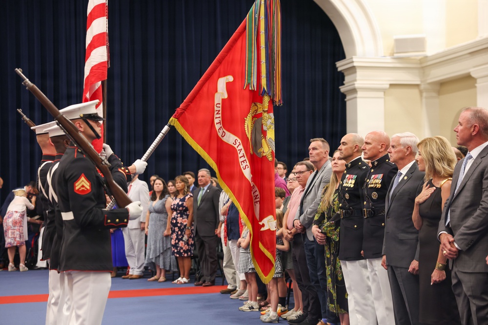 Lt. Gen. Matos hosts U.S. Rep Steve Womack at an indoor Evening Parade
