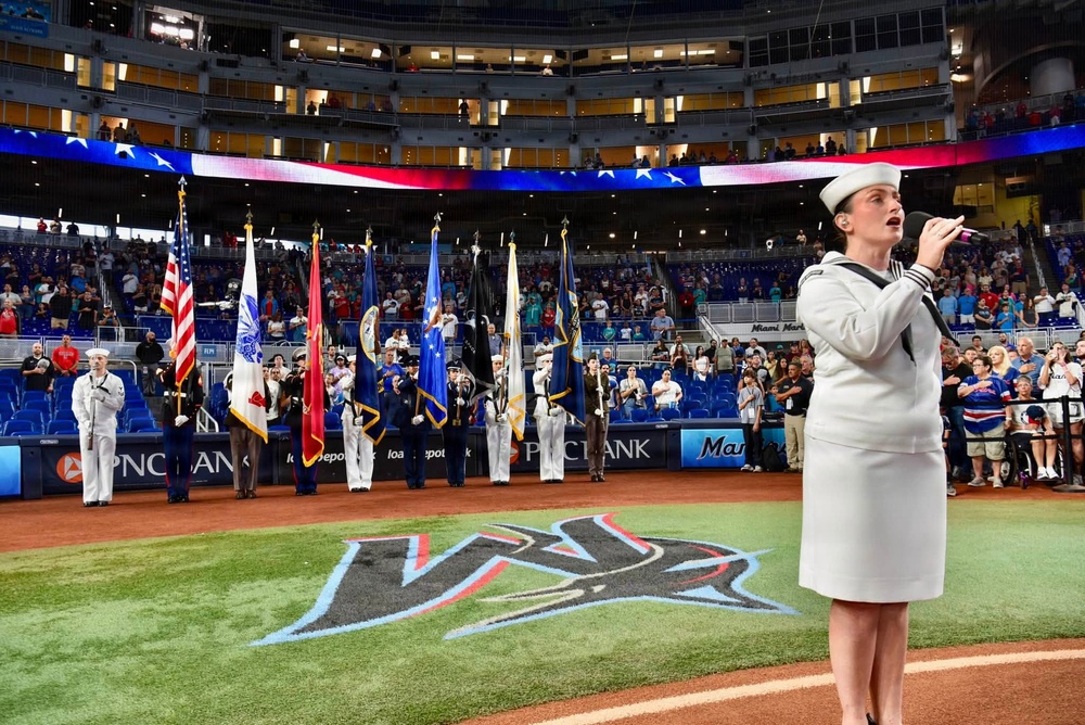 Navy Band Southeast performs in the America 250 Celebration/Military Appreciation Game at LoanDepot Stadium in Miami, Florida