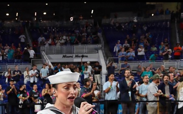 Navy Band Southeast performs in the America 250 Celebration/Military Appreciation Game at LoanDepot Stadium in Miami, Florida