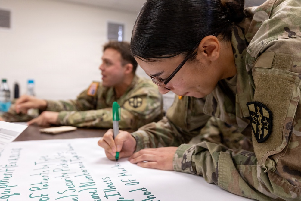Two U.S. Army soldiers in OCP (Operational Camouflage Pattern) uniforms are engaged in a training or planning exercise. A female soldier in the foreground is writing on a large white paper/poster with a green marker, while a male soldier sits in the background. The setting appears to be an indoor classroom or conference room environment.