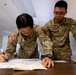 Two U.S. Army soldiers in OCP (Operational Camouflage Pattern) uniforms are working together at a table in what appears to be a classroom or training environment. The soldier on the left, identified by name tape as 'KIM,' is writing on a large sheet of paper, while the soldier on the right, identified as 'TEAGUE,' is leaning over and referencing notes. Both wear glasses and American flag patches on their left shoulders.