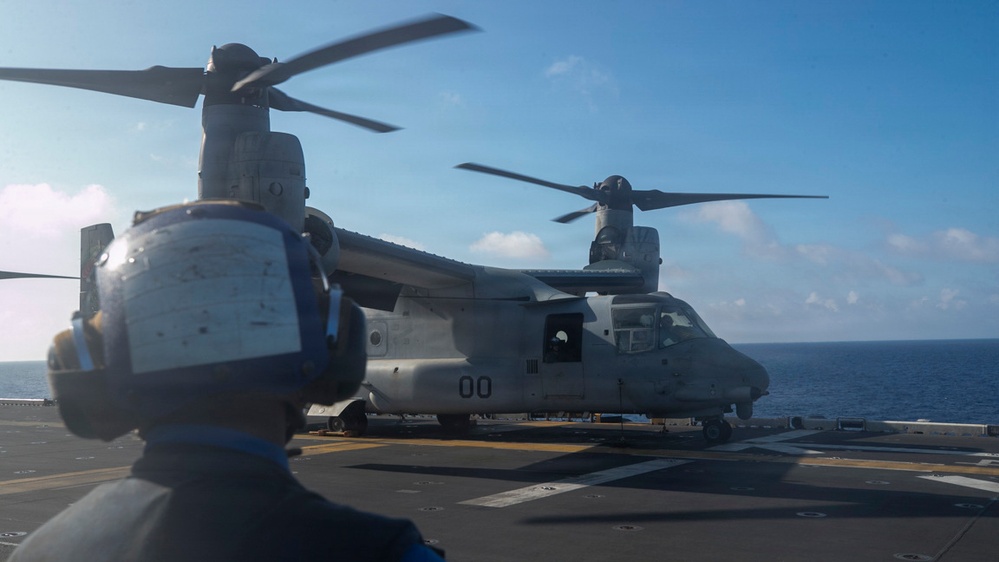 USS Tripoli Conducts MV-22 Osprey Fly-Over