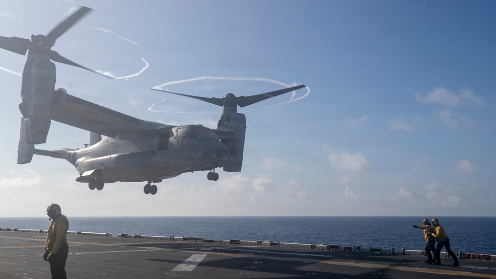 USS Tripoli Conducts MV-22 Osprey Fly-Over