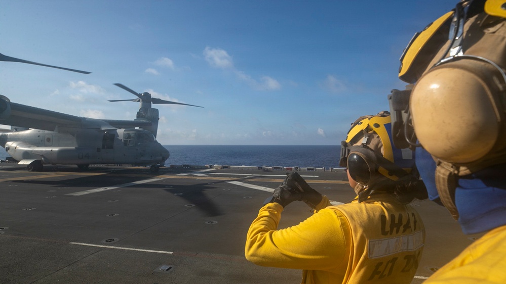 USS Tripoli Conducts MV-22 Osprey Fly-Over