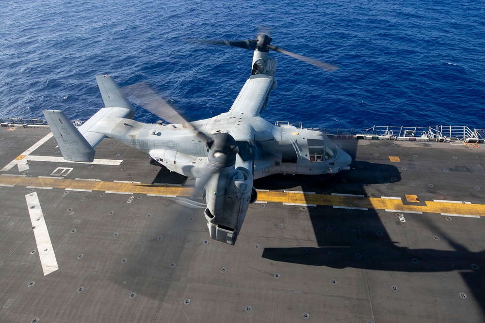 USS Tripoli Conducts MV-22 Osprey Fly-Over