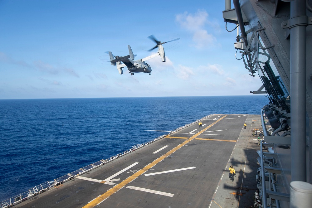 USS Tripoli Conducts MV-22 Osprey Fly-Over
