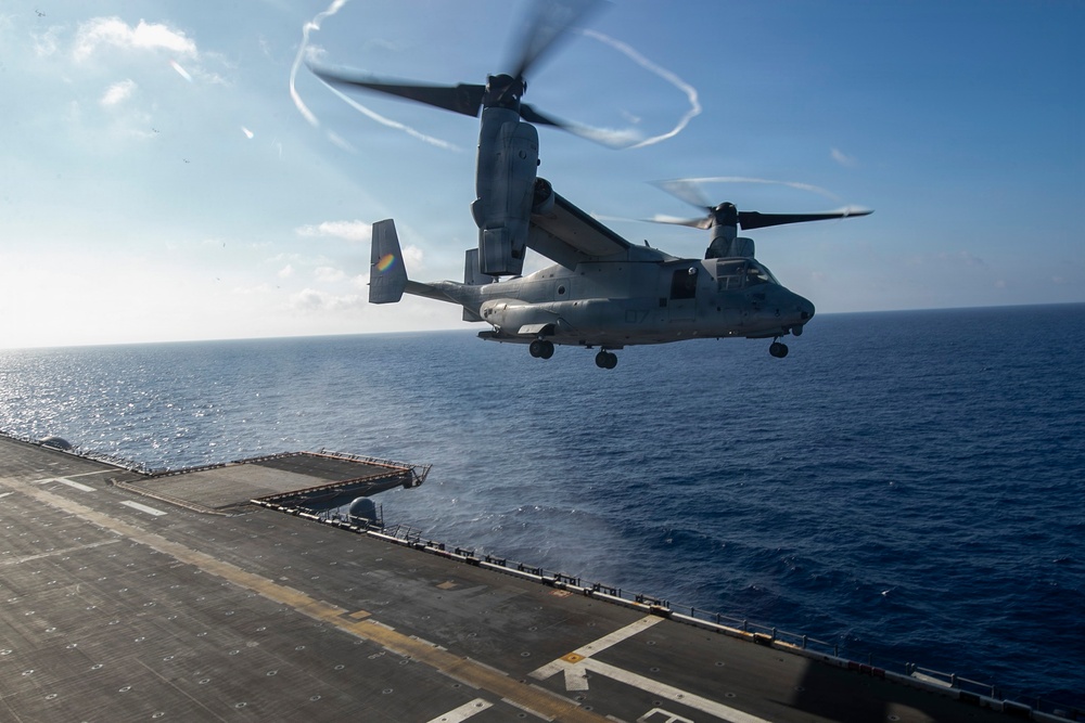 USS Tripoli Conducts MV-22 Osprey Fly-Over
