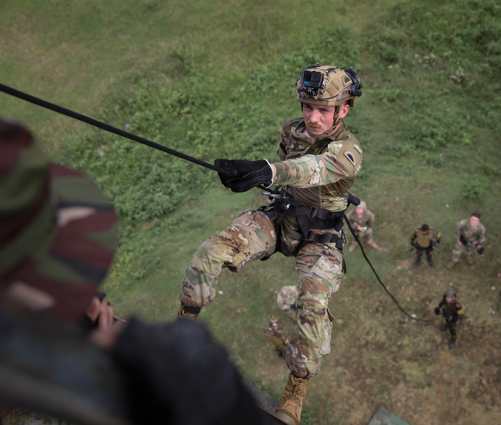 U.S. Soldiers rappel with Bangladesh Army during joint training