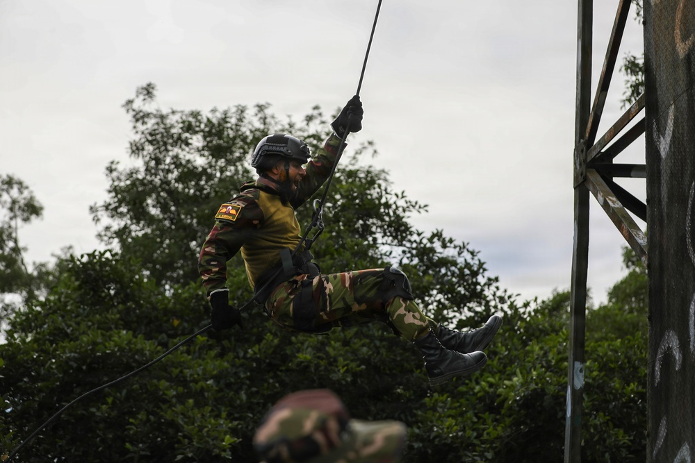 U.S. Soldiers rappel with Bangladesh Army during joint training