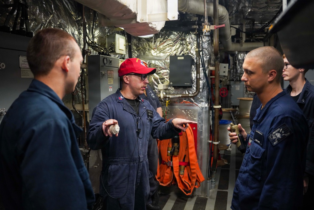 USS Cooperstown Conducts a Damage Control Drill in the Atlantic Ocean.