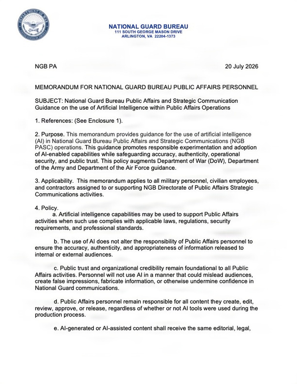National Guard Bureau publishes AI guidance for public affairs operations