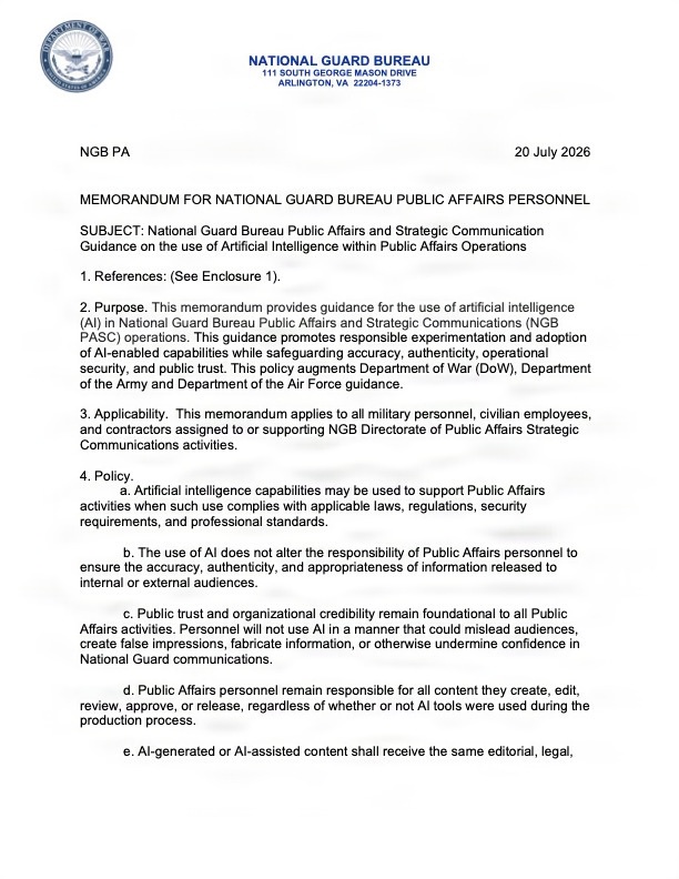 National Guard Bureau publishes AI guidance for public affairs operations