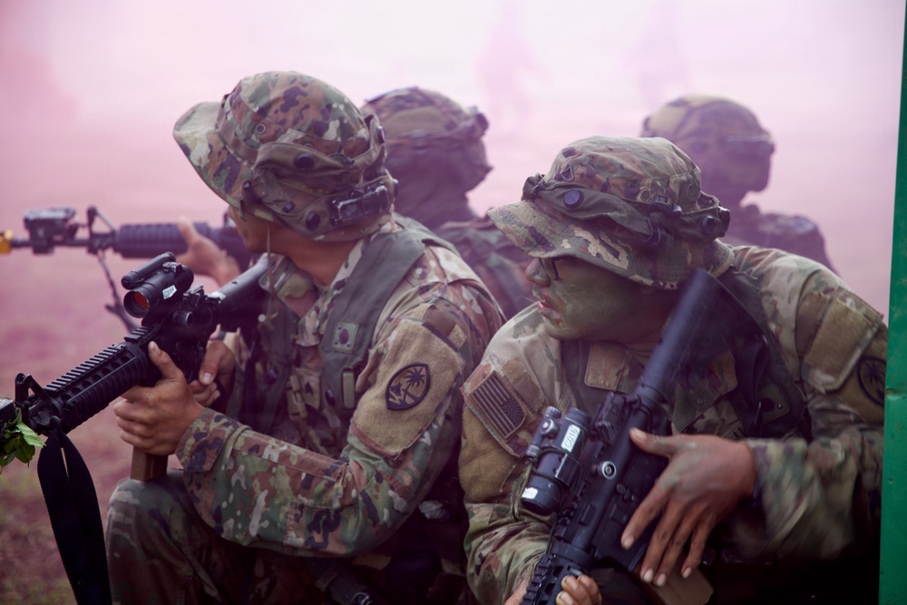U.S. Army and Malaysian forces join together for a simulated tactical engagement during Keris Strike 26