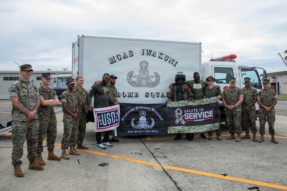 Atlanta Falcon members visit MCAS Iwakuni during a Salute the Troops tour hosted by the USO