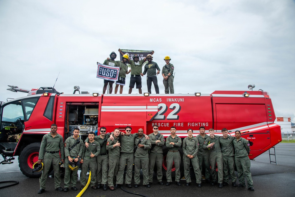 Atlanta Falcon members visit MCAS Iwakuni during a Salute the Troops tour hosted by the USO