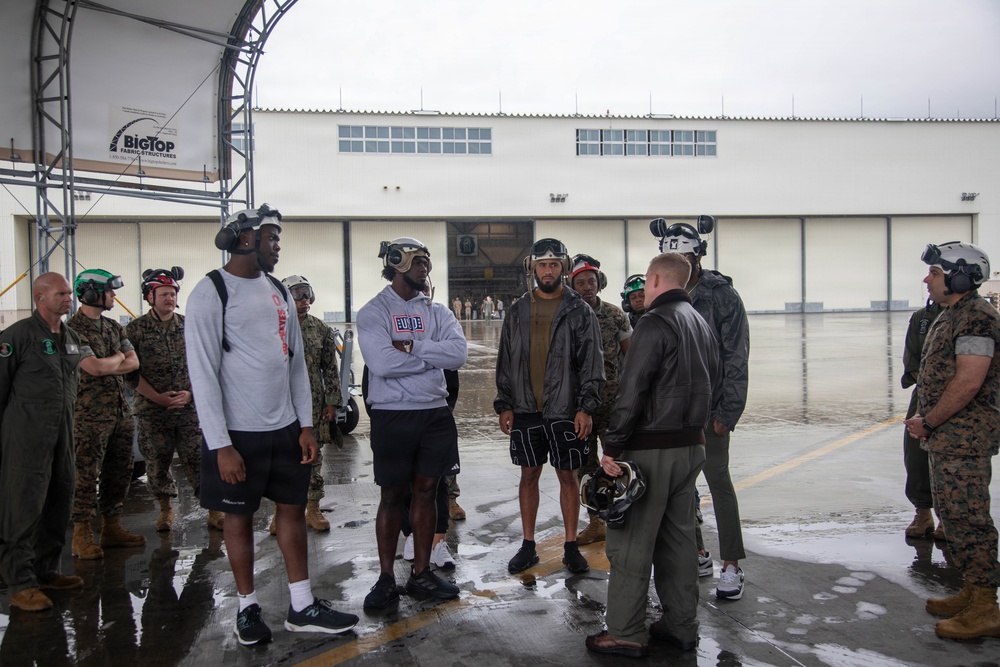 Atlanta Falcon members visit MCAS Iwakuni during a Salute the Troops tour hosted by the USO