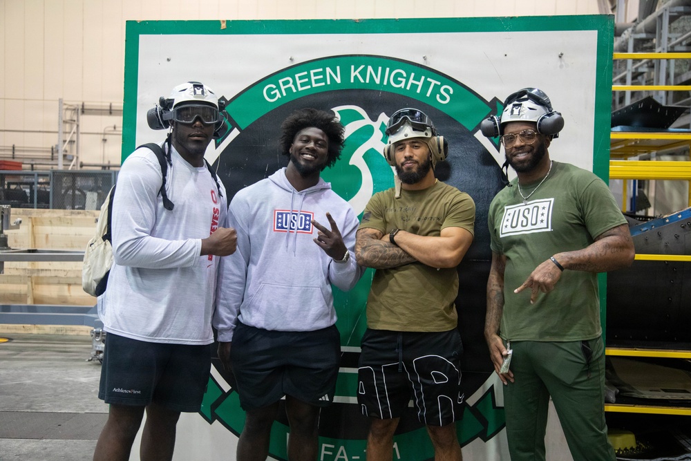 Atlanta Falcon members visit MCAS Iwakuni during a Salute the Troops tour hosted by the USO