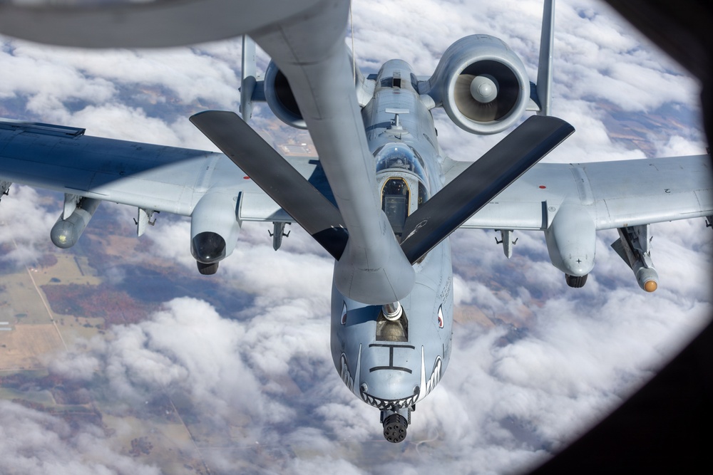 507th Air Refueling Wing KC-135R Stratotanker aircraft crew conducts aerial refueling on multiple A-10C Thunderbolt II