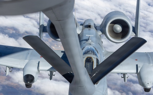507th Air Refueling Wing KC-135R Stratotanker aircraft crew conducts aerial refueling on multiple A-10C Thunderbolt II