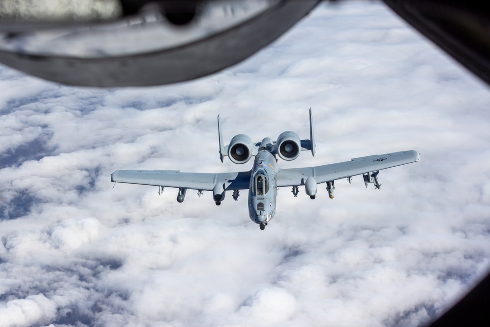 507th Air Refueling Wing KC-135R Stratotanker aircraft crew conducts aerial refueling on multiple A-10C Thunderbolt II