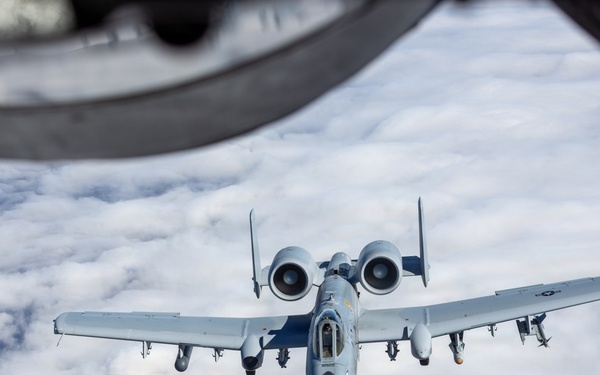 507th Air Refueling Wing KC-135R Stratotanker aircraft crew conducts aerial refueling on multiple A-10C Thunderbolt II