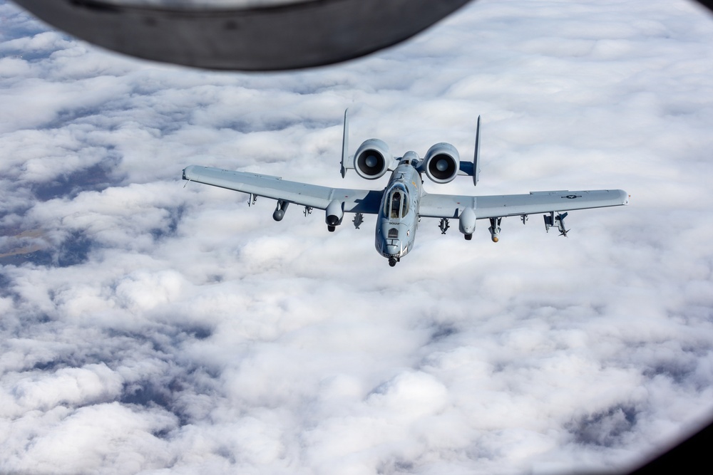 507th Air Refueling Wing KC-135R Stratotanker aircraft crew conducts aerial refueling on multiple A-10C Thunderbolt II