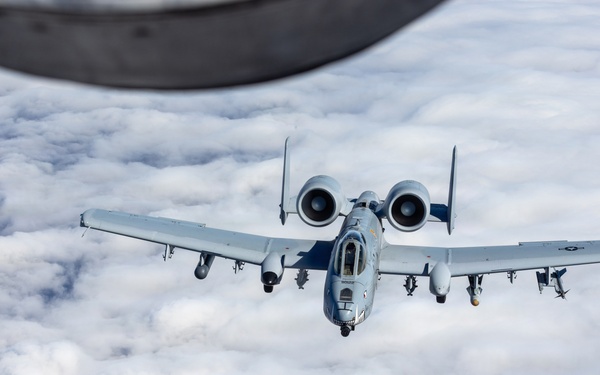 507th Air Refueling Wing KC-135R Stratotanker aircraft crew conducts aerial refueling on multiple A-10C Thunderbolt II