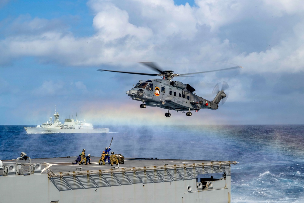 Canadian and New Zealand sailors conduct vertical replenishment training during RIMPAC 2026