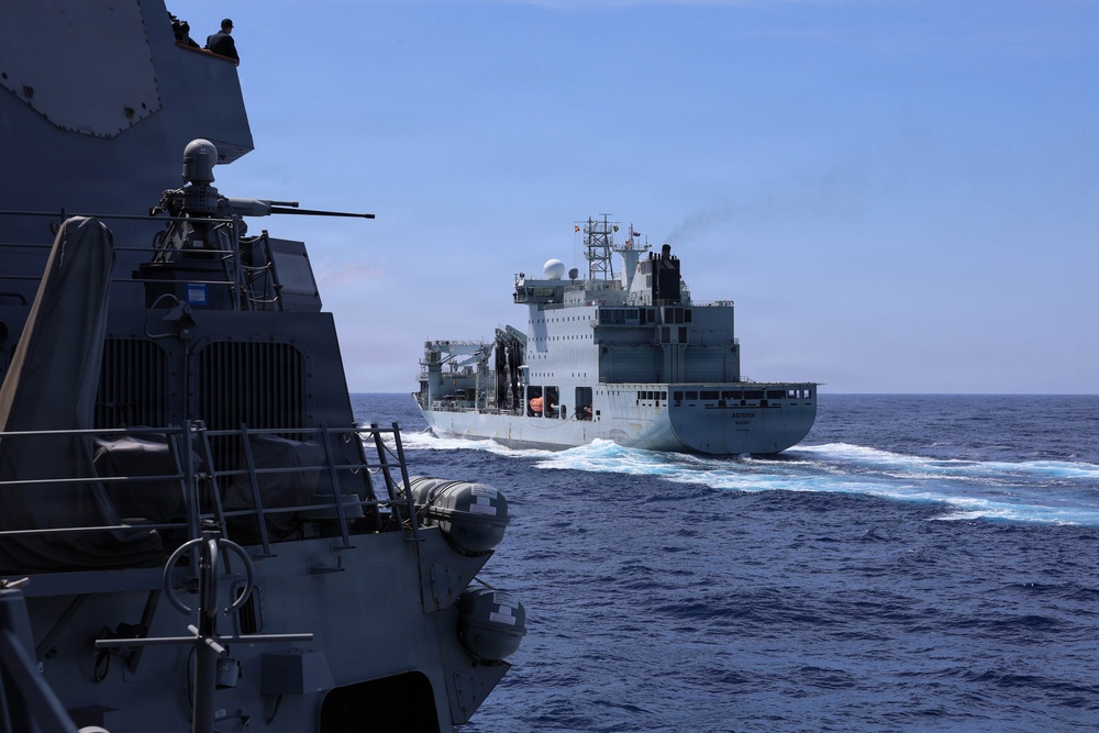 USS Carl M. Levin conducts replenishment-at-sea with MV Asterix during RIMPAC 26