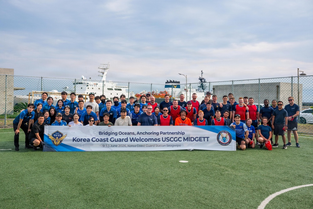 USCGC Midgett (WMSL 757) participates in a sports event with Korea Coast Guard on Jeju Island, South Korea