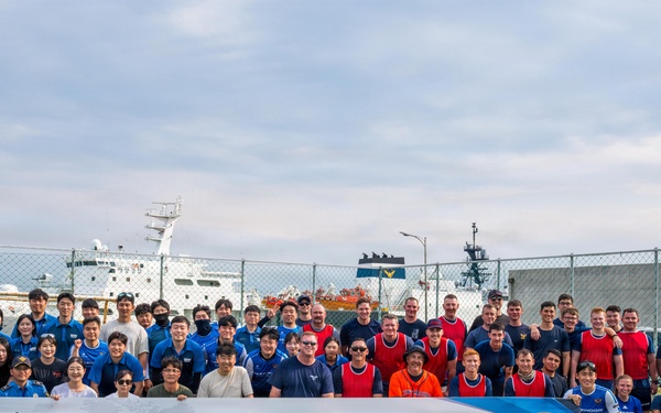 USCGC Midgett (WMSL 757) participates in a sports event with Korea Coast Guard on Jeju Island, South Korea