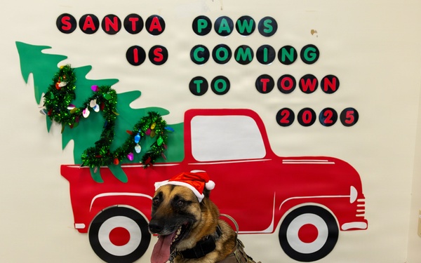 Military Working Dogs from Tinker Air Force Base and two Transportation Security Administration dress as "Santa Paws"