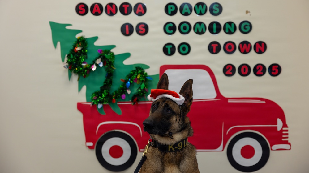 Military Working Dogs from Tinker Air Force Base and two Transportation Security Administration dress as "Santa Paws"