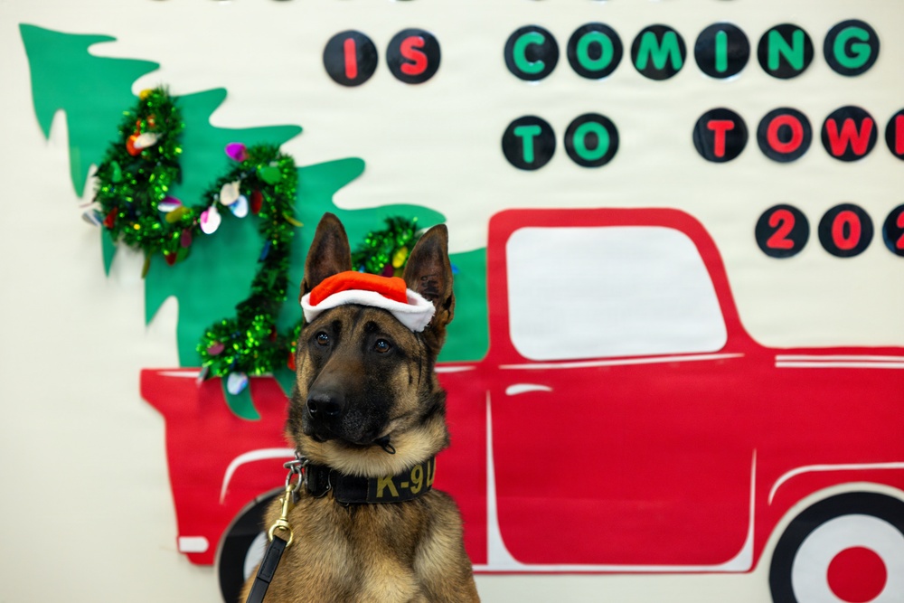 Military Working Dogs from Tinker Air Force Base and two Transportation Security Administration dress as "Santa Paws"
