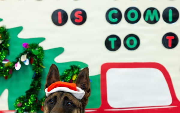 Military Working Dogs from Tinker Air Force Base and two Transportation Security Administration dress as "Santa Paws"