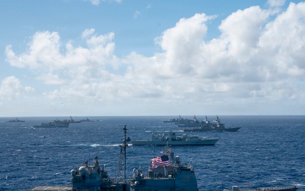 Partner nations participate in group sail lead by the USS Theodore Roosevelt during RIMPAC 26
