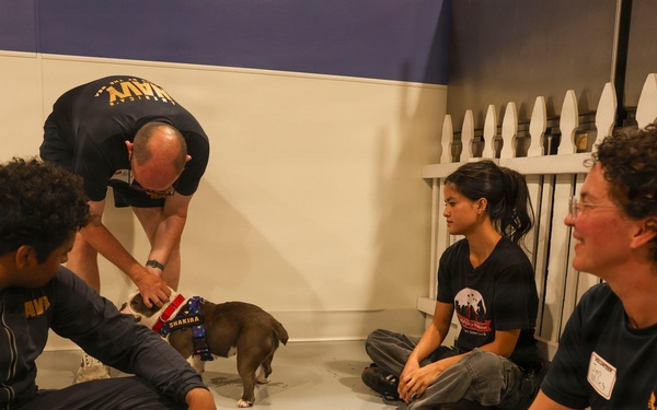 Four people wearing Navy-branded clothing are seated on the floor around a small dog named 'Shakira,' who is wearing a patriotic-themed harness. The group appears to be at an animal shelter or dog interaction event, with a decorative white picket fence visible in the background. The participants are engaged and attentive toward the puppy in what appears to be a volunteer or community outreach activity.