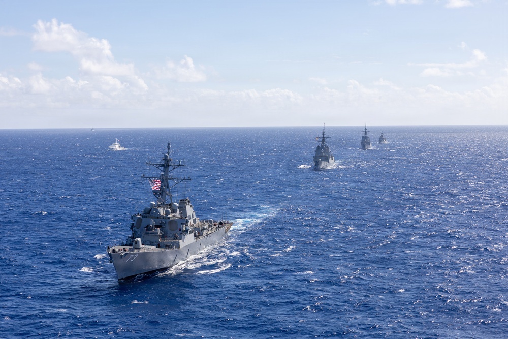 Multinational ships sail in formation during RIMPAC 2026