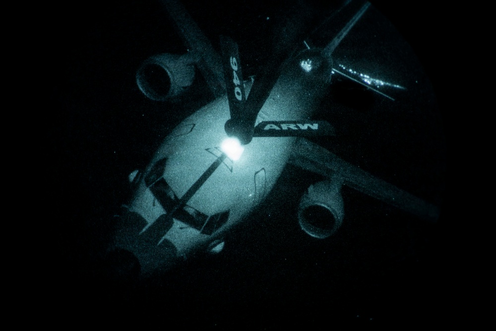 KC-135 refuels a P-8 Poseidon during operations CENTCOM AOR