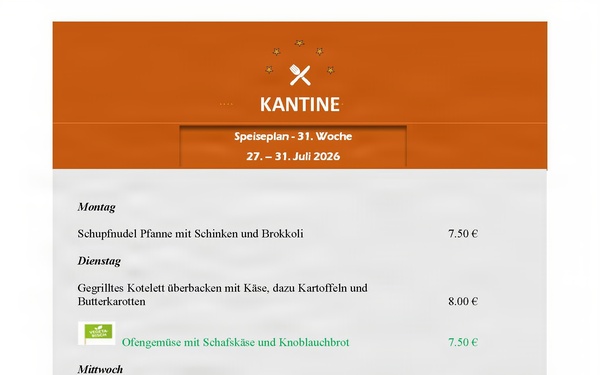 Kantine Menü - 27-31 July 2026