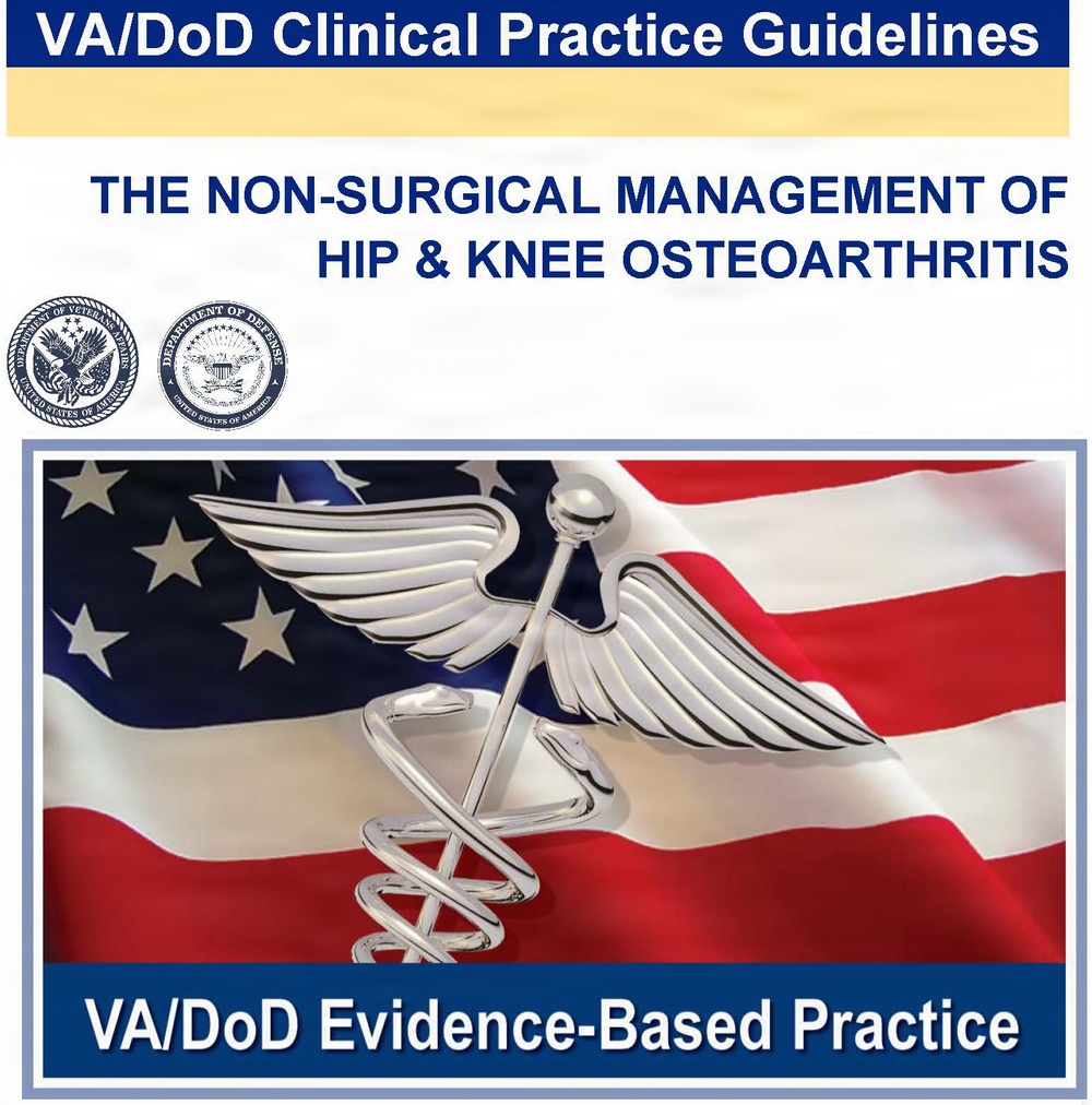 This is the cover page of a VA/DoD Clinical Practice Guideline document focused on the non-surgical management of hip and knee osteoarthritis. The cover features official seals from the Department of Veterans Affairs and Department of Defense, along with a caduceus medical symbol overlaid on an American flag. It is branded as a VA/DoD Evidence-Based Practice publication.