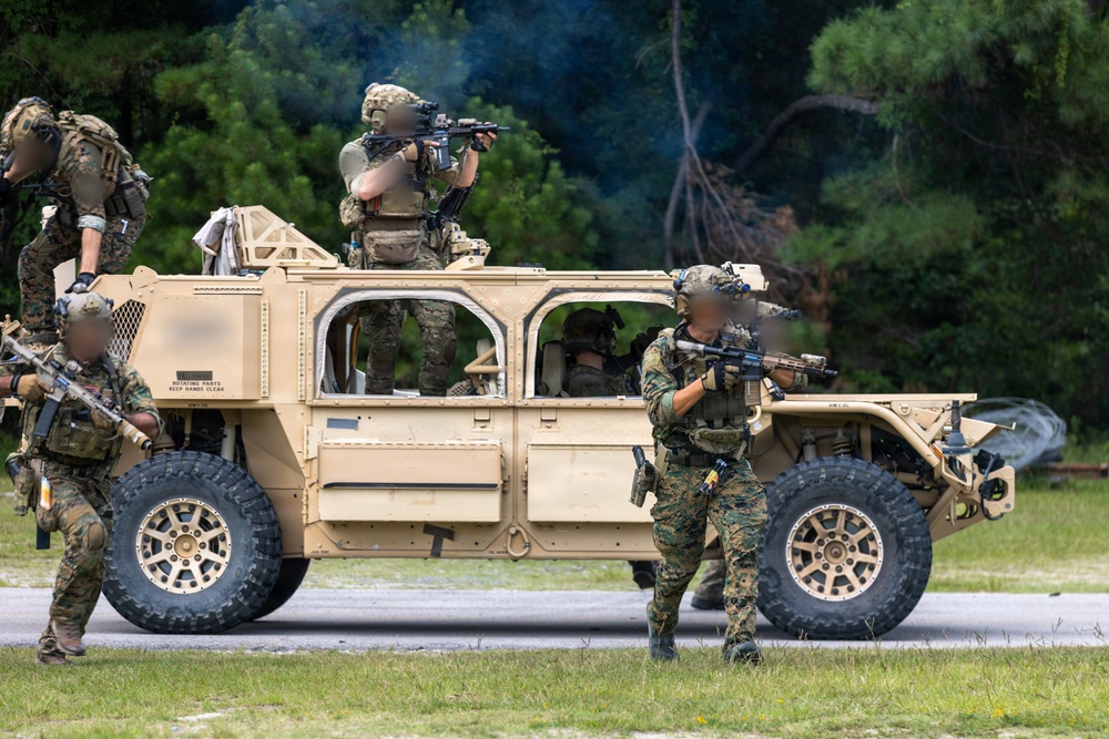 U.S. Marines and Special Operations Forces conduct vehicle-based direct action training exercise