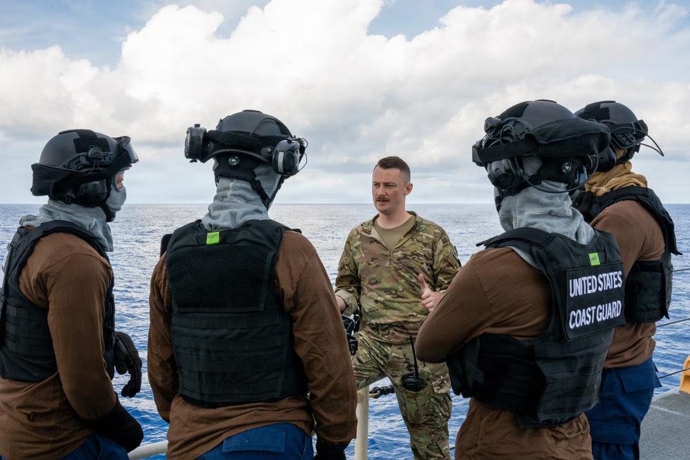 U.S. Coast Guard Cutter Kimball (WMSL 756) conducts dry-fire 50-caliber training