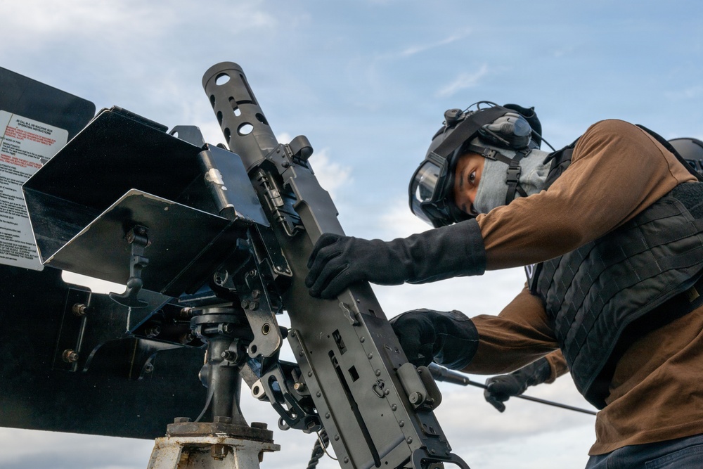U.S. Coast Guard Cutter Kimball (WMSL 756) conducts dry-fire 50-caliber training