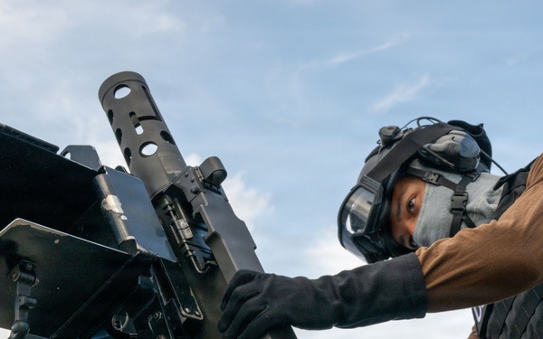 U.S. Coast Guard Cutter Kimball (WMSL 756) conducts dry-fire 50-caliber training