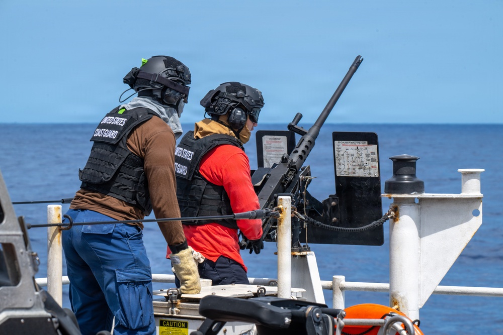 U.S. Coast Guard Cutter Kimball (WMSL 756) conducts dry-fire 50-caliber training