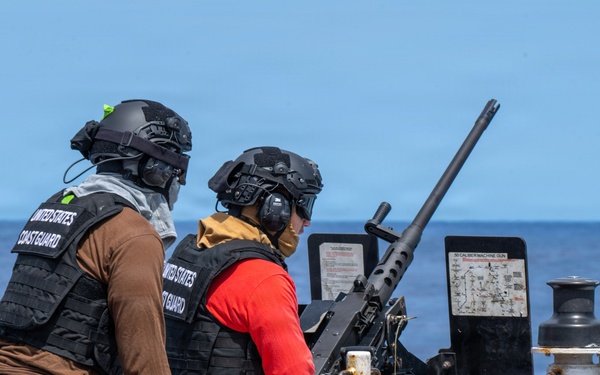 U.S. Coast Guard Cutter Kimball (WMSL 756) conducts dry-fire 50-caliber training