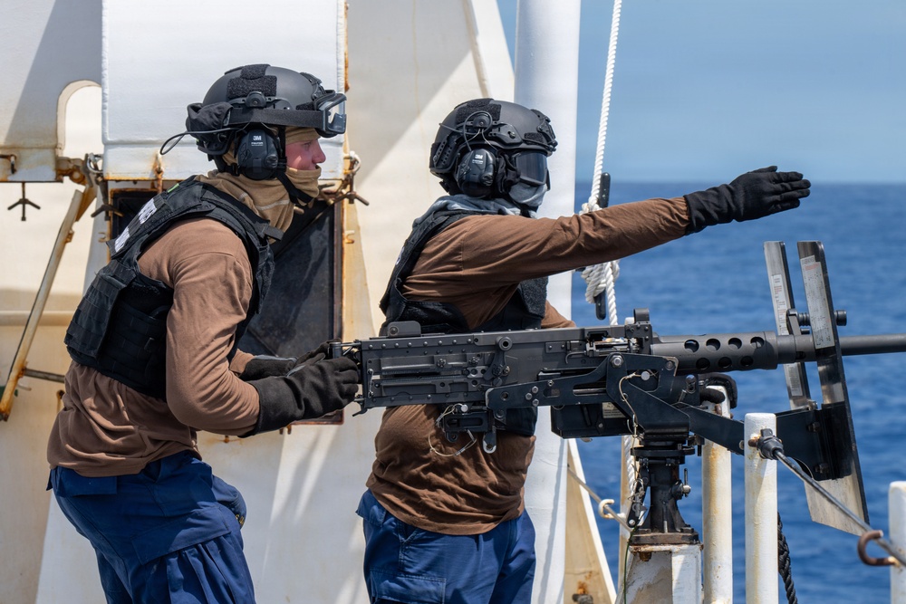 U.S. Coast Guard Cutter Kimball (WMSL 756) conducts dry-fire 50-caliber training