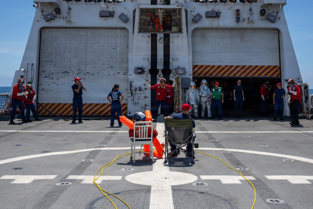 U.S. Coast Guard Cutter Kimball (WMSL 756) conducts helicopter crash training during RIMPAC 2026